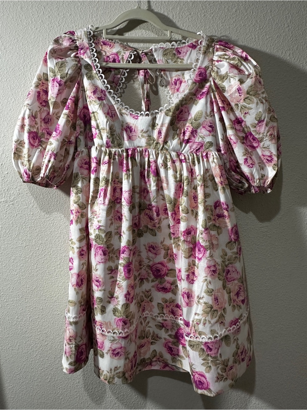 For Love & Lemons Pink and Cream Floral Puff-Sleeve Mini Dress